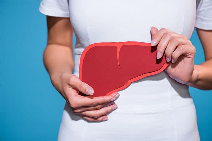 Woman Holding Paper Crafted Liver In Hands On Blue Background